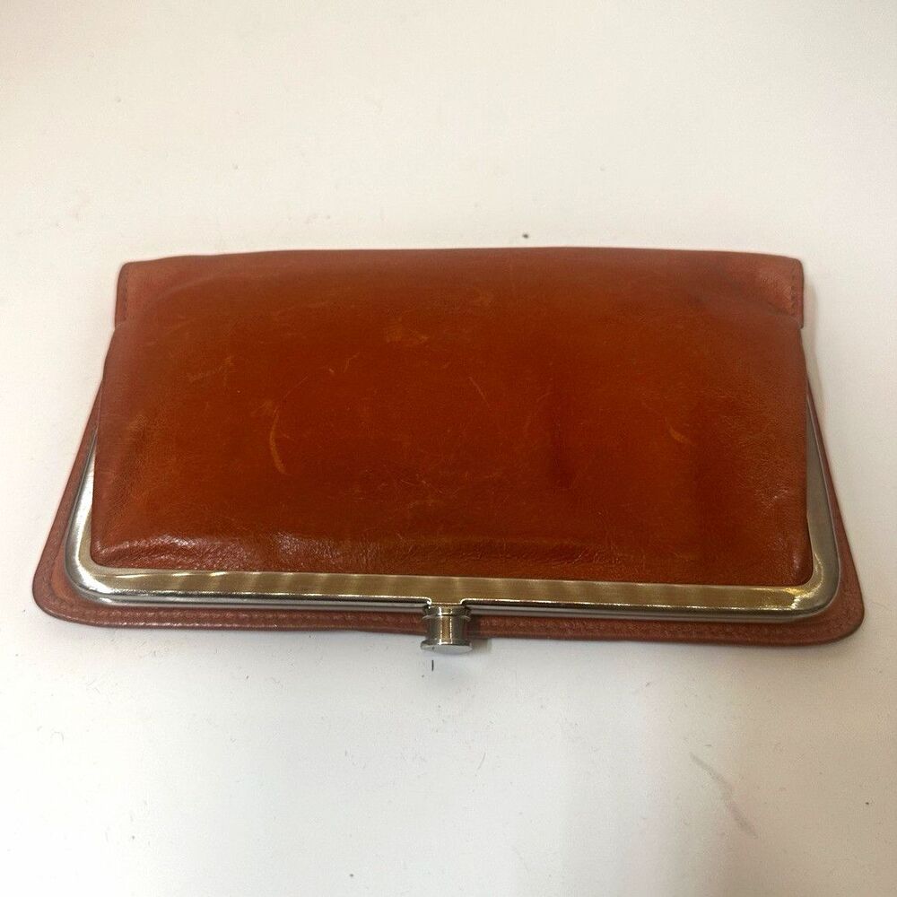 HOBO International Lauren Leather Frame Clutch Wallet Cognac Brown Paisley